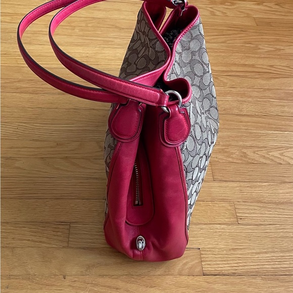 Coach Shoulder Bag.  Canvas & Red Leather. - Picture 6 of 12